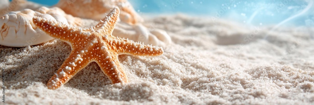 Poster Close-up view of a starfish resting on white sand with seashells and a light blue background evocative of a beach scene. Captures the essence of relaxation