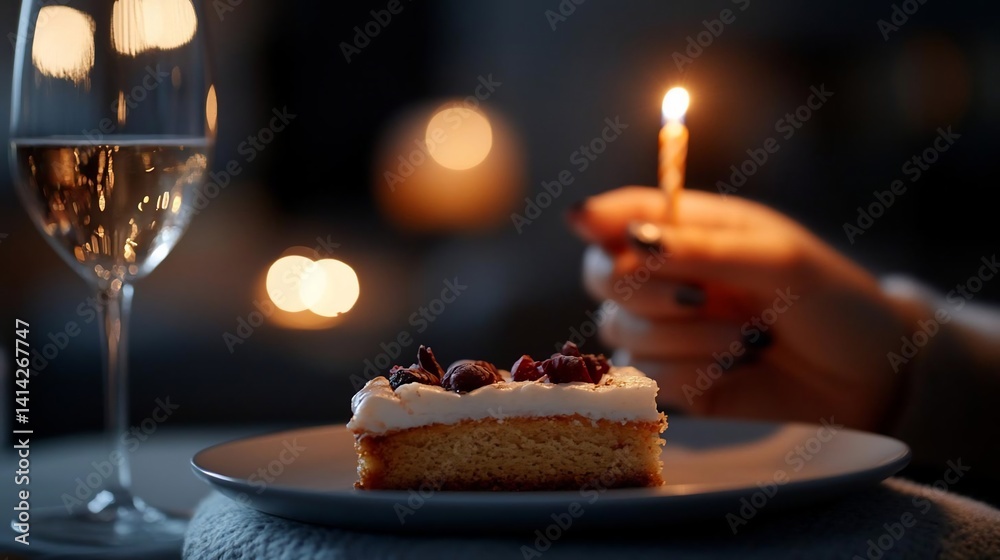 Poster A lit candle sits atop a slice of cake with white frosting and berries, beside a champagne glass in a dimly lit setting. Bokeh lights are in the background, and a hand holds the candle