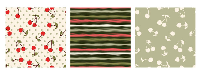 cherry, Polka dot, wavy horizontal stripe summer vintage seamless pattern set, paper, cover, fabric