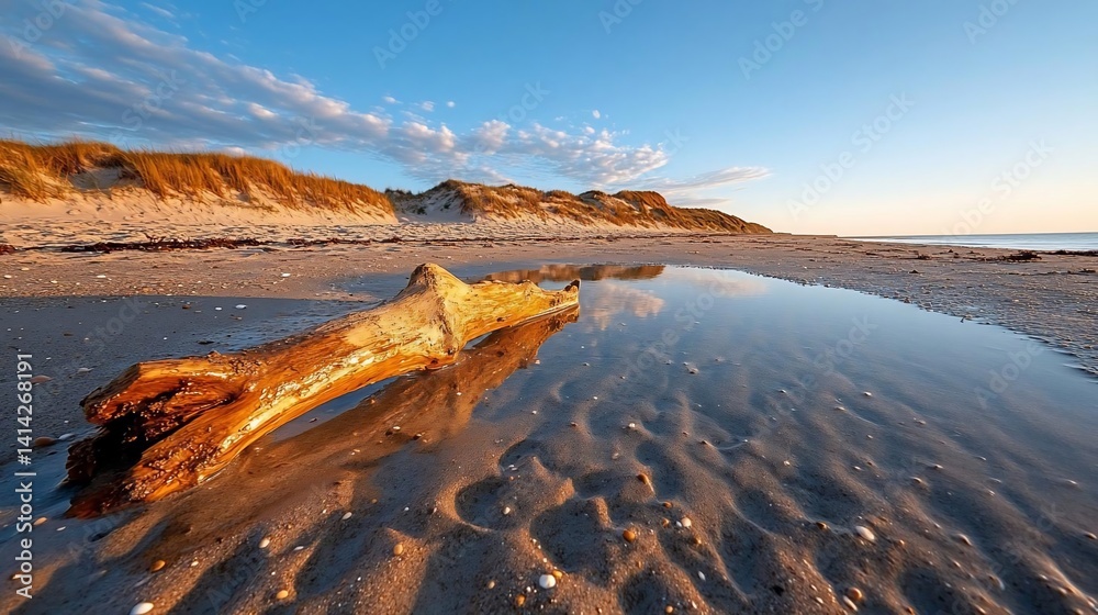Poster a tranquil beach scene featuring a weathered log reflecting in the calm water. soft sunlight illumin