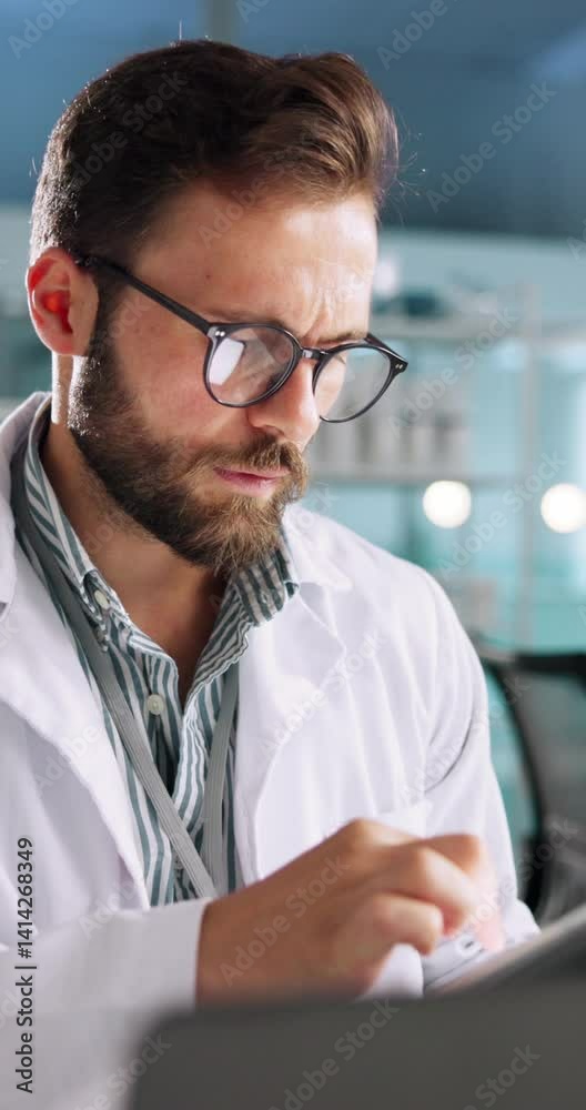 Poster science, glasses and man in laboratory with tablet for research, development or online results. digi