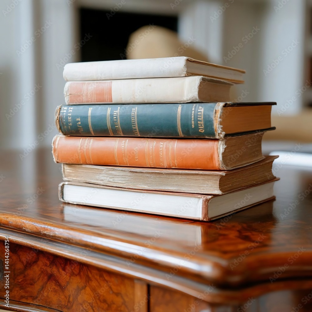 Poster Stack of antique books on a polished wooden table in soft focus with warm lighting. The books feature varied colors and textures adding depth to the composition