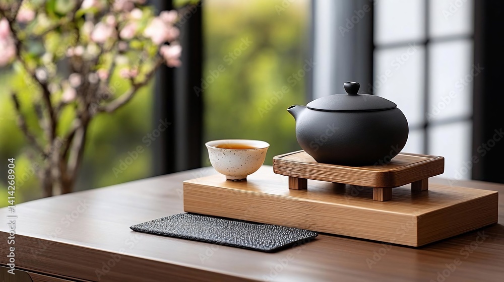 Poster a serene tea setting featuring a black ceramic teapot and a small cup on a wooden tray with natural 