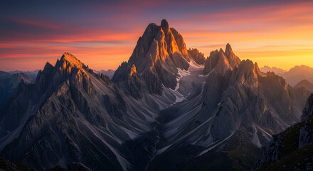 Dramatic Mountain Peaks Illuminated by Sunset Glow