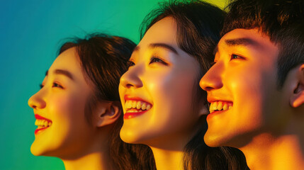 Realistic high-res close-up image of three cheerful Asian individuals standing in line