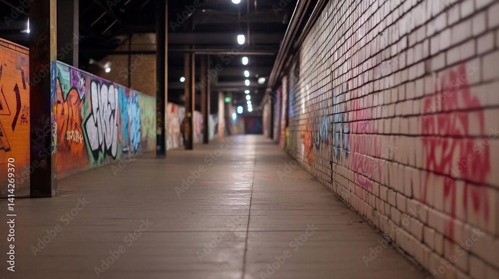 Poster long perspective of a brick wall hallway with graffiti art illuminated by overhead lights with urban
