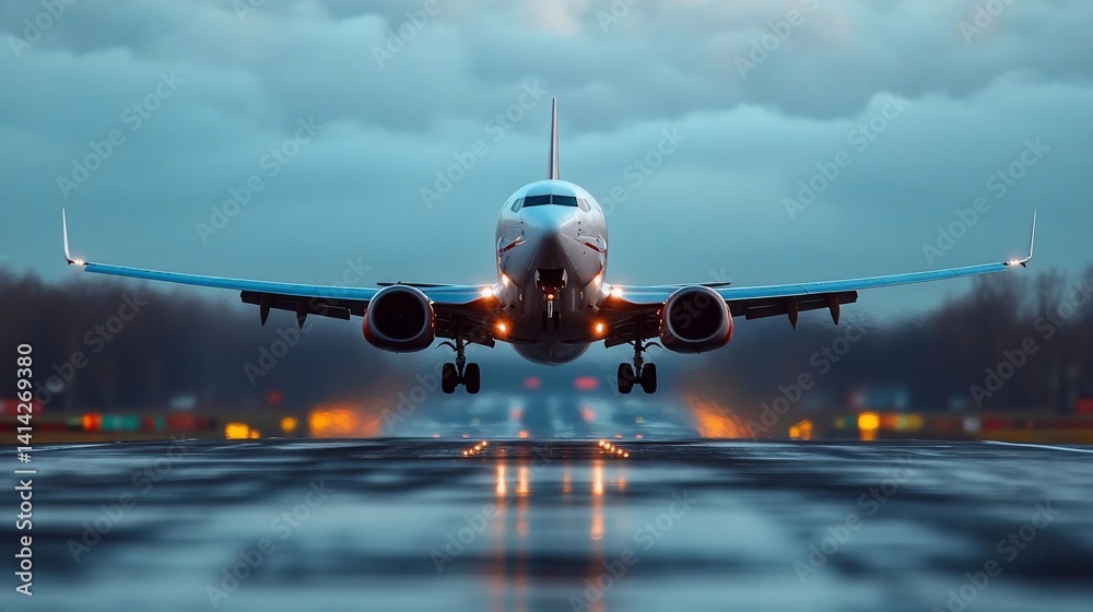 Poster Airplane taking off from a runway in wet conditions under overcast sky. Reflections on the ground with blurred background,  featuring illuminated runway lights and dark foliage
