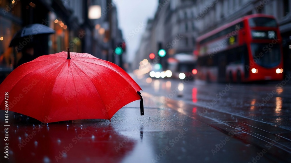 Poster a vibrant red umbrella stands out in the rain on a city street reflecting lights with a blurred back