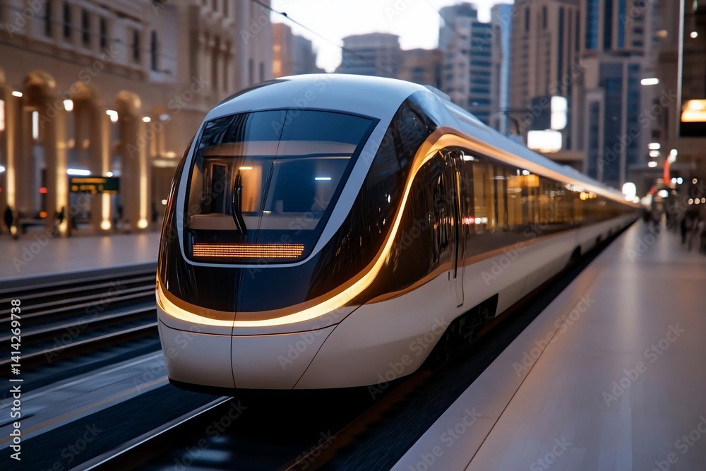 Aufkleber Modern high-speed train at the station platform with blurred background showing the cityscape. Warm tones and artificial lighting enhances the futuristic aesthetic of the train and setting
