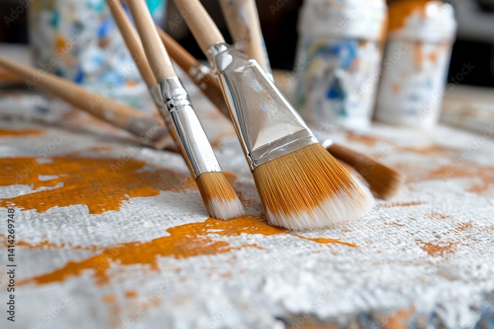 Poster Close-up of paint brushes resting on a paint-splattered surface with blurred paint containers in the background