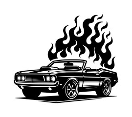A vintage classic car with flames, isolated on a white background.