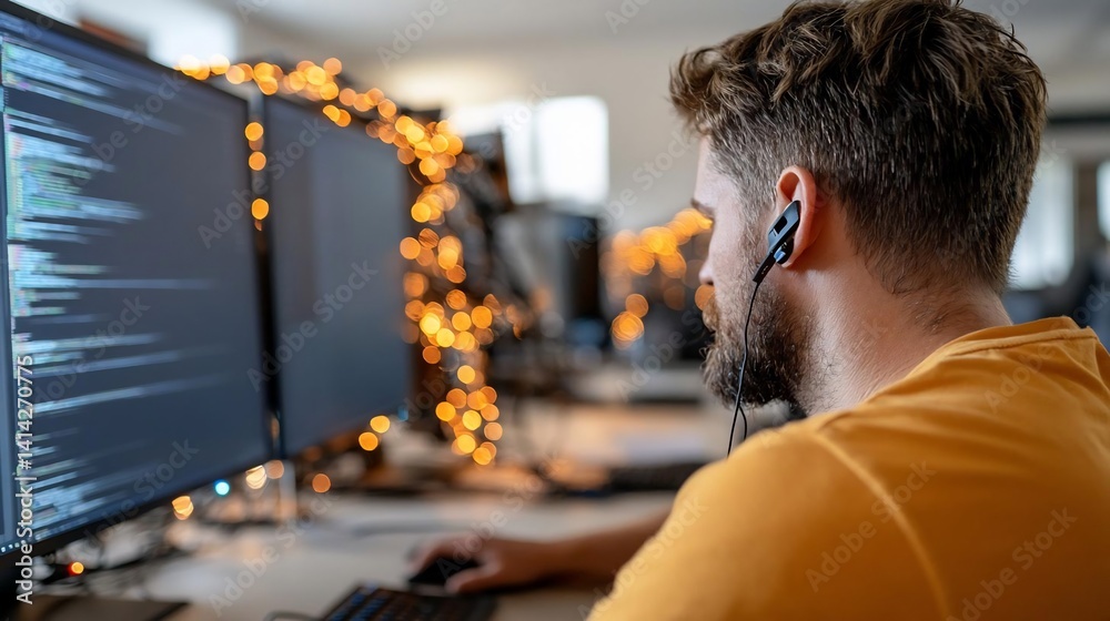 Leinwandbilder a man focused on computer screens in an office setting wearing headphones. warm lighting from decora