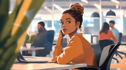 Realistic office scenario featuring a woman at her desk in the foreground, focused on her task