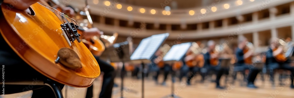 Fototapete orchestra musicians performing in a concert hall with focus on a string instrument featuring warm to