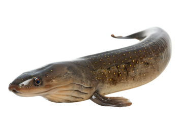 A striking electric eel showcasing its shimmering body on a bright surface during a tranquil moment isolated on transparent background