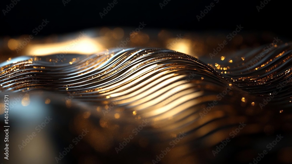Poster Abstract 3D rendering featuring flowing metallic waves with scattered golden particles creating a dynamic and textural composition against a dark background