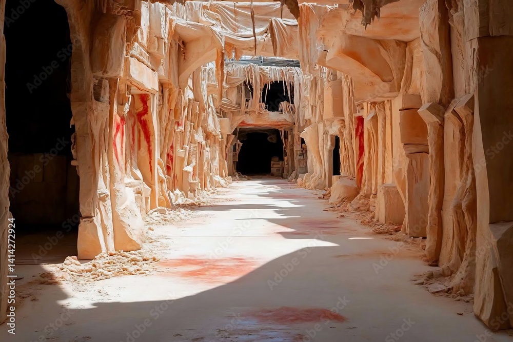 Leinwandbilder Interior view of abstract architecture with textured surfaces in shades of beige and red. The corridor is bathed in sunlight creating deep shadows with patterns and abstract details