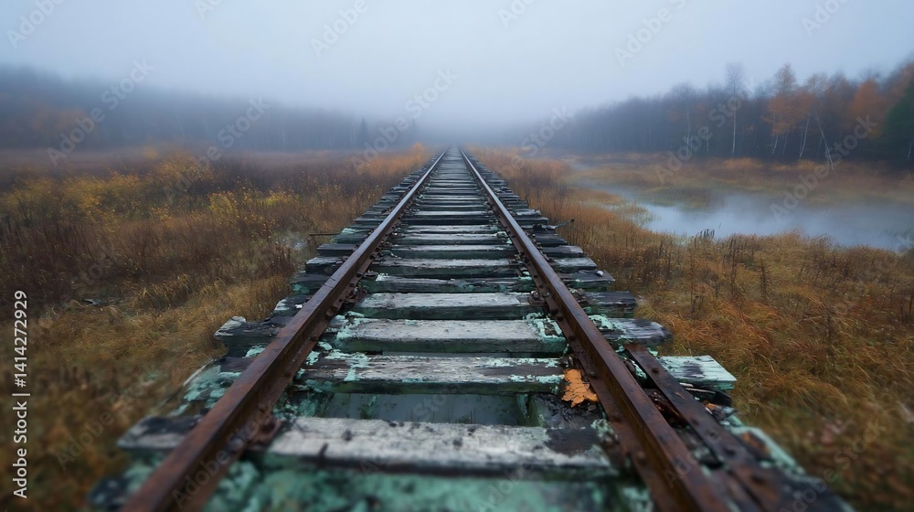 Aufkleber Generic scene of railroad tracks extending through a foggy marsh landscape with autumn foliage under an overcast sky. The scene evokes a sense of solitude and tranquility