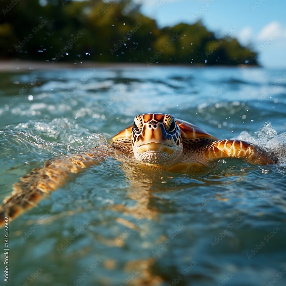 Aufkleber Close-up of a sea turtle swimming in clear turquoise water with a shallow depth of field. The turtle is facing the camera with visible details. Calm environment and clear water