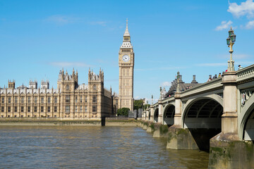 Fototapeta premium Big Ben, Westminster Palace and Westminster bridge on a sunny summer afternoon