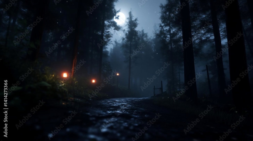 Poster Mysterious night forest path with glowing lanterns under a full moon atmospheric scene with trees and a pathway evoking a sense of solitude and wonder