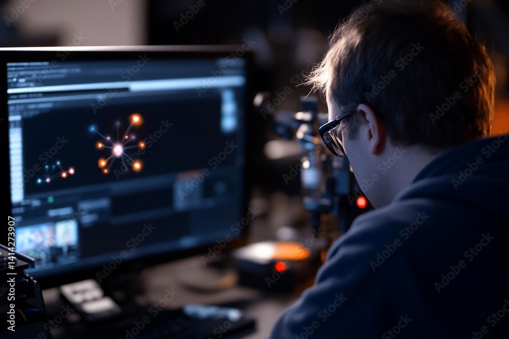 Poster A man in glasses working on computer with graphical interface. The scene is dark with a focus on the screen and a subtle background glow