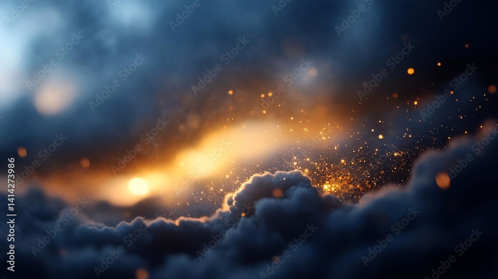 Poster Dramatic sky with dark clouds and a golden light shining through the fluffy clouds with bokeh effects. Atmospheric view representing hope and heaven