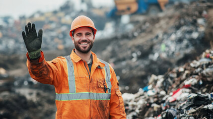 Smiling garbage man in orange safety gear, standing near a landfill site, waving gently with one hand