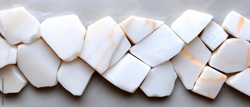 Poster Abstract arrangement of irregular white stone pieces with subtle orange veining on a neutral grey background creating a mosaic-like pattern. Minimalist aesthetic highlights textures and forms