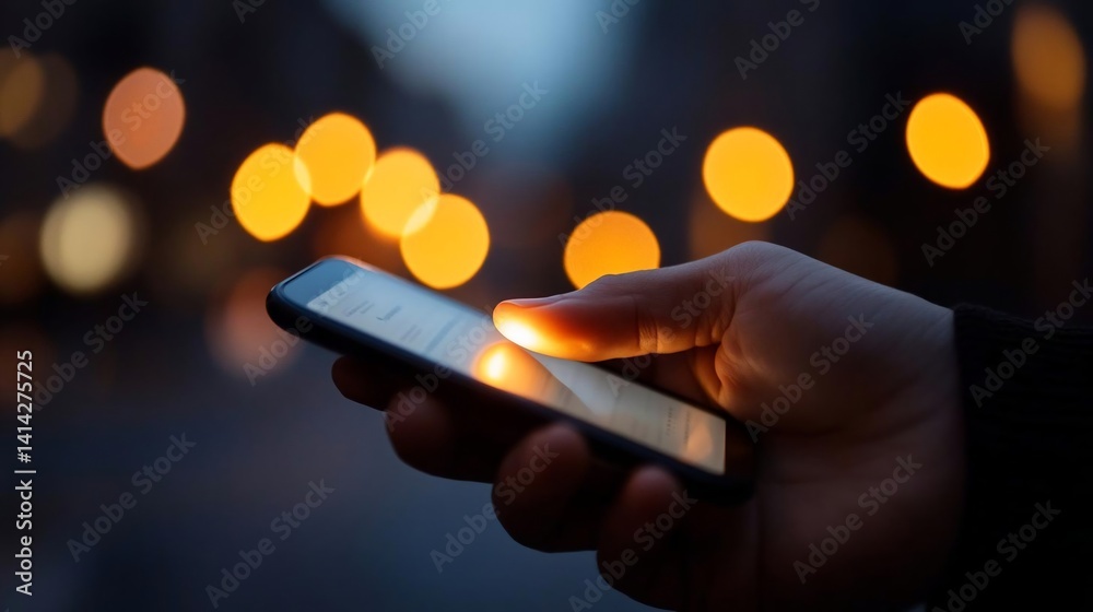 Poster close up shot of a hand holding a smartphone. the phone's screen is lit, and the background features
