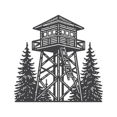 Obraz premium Fire Lookout Tower in Dense Forest Vector Design – Vintage Logo & Retro Illustration