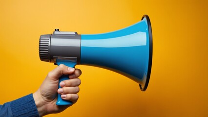 Hand holding megaphone, marketing and sales, yellow background hand megaphone marketing sale concept orange background communication advertising promotion announcement louds