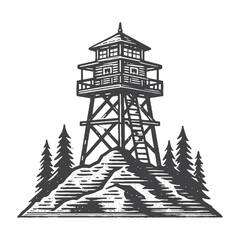 Obraz premium Fire Lookout Tower on a Mountain Peak Vector Design – Vintage Logo & Retro Illustration