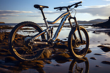 Fototapeta premium Mountain bike resting on rocks by the shore during sunset reflecting golden light
