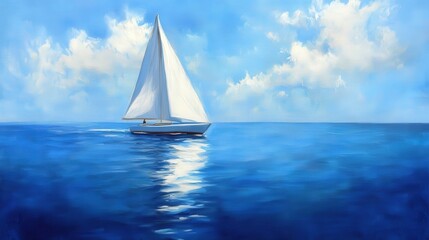 Obraz premium A serene seascape painting of a sailboat under a vast, blue sky.