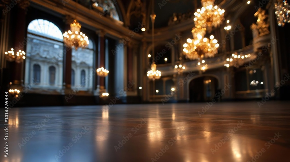 Poster Elegant ballroom interior with large chandeliers and reflective wooden floor creating warm atmosphere. Focus on the floor with blurred background