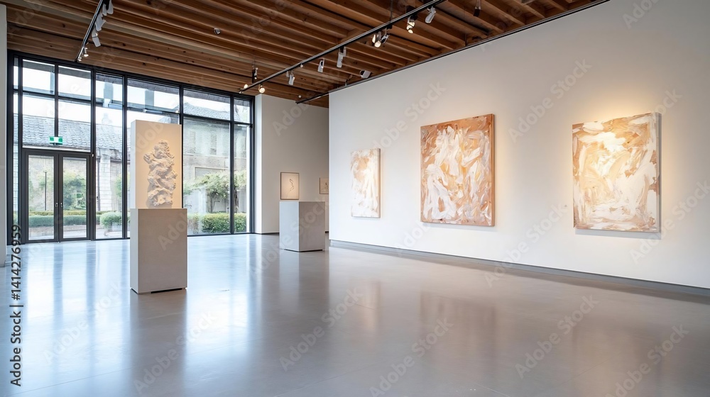 Aufkleber an art gallery interior featuring modern abstract art on display with a minimalist aesthetic. bright