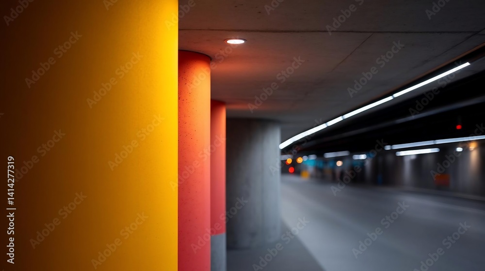 Poster Colorful cylindrical columns in a concrete tunnel illuminated by overhead lighting leading to a blurred background of distant lights
