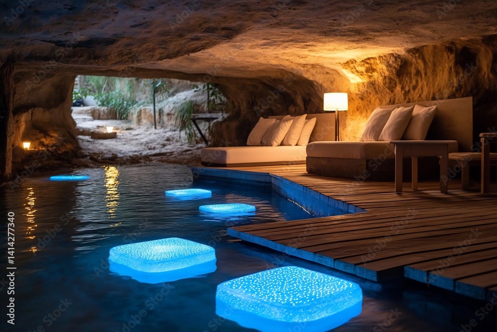 Poster An inviting spa scene with illuminated stepping stones leading to a relaxation area inside a natural cave setting featuring comfortable seating and soft lighting