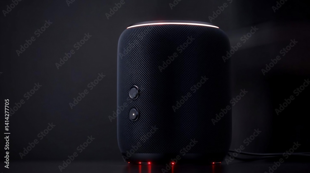 Poster A cylindrical black speaker glows with red and white lights against a dark background showcasing minimalist design and modern technology