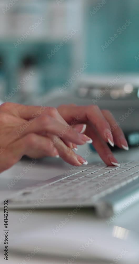 Poster Search, keyboard and hands of person in office for planning, website and email. Communication, technology and mouse with closeup of woman typing for business networking, internet and online blog