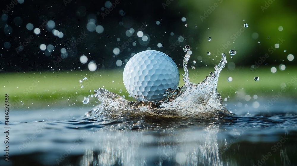 Poster Golf ball impacting water creating splash with green background and selective focus showing texture and movement in a dynamic moment