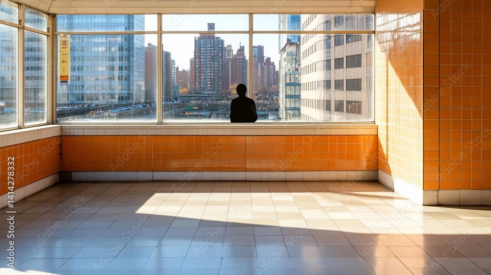 Aufkleber silhouette of person in contemplation by an orange tiled window with a cityscape view in the backgro