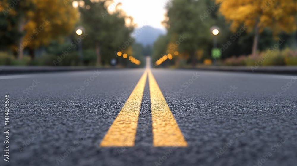 Aufkleber View along empty asphalt road with double yellow lines toward trees and distant mountain under soft light and blurred bokeh