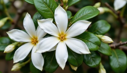 Obraz premium High resolution top view of gardenia garden with full blossoms and visible pollen trails, natural beauty and spring vibes