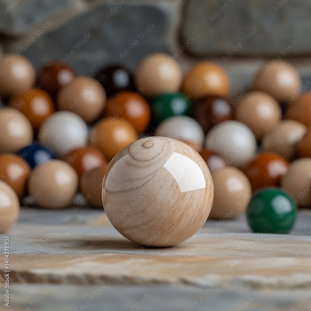 Poster Close-up view of a wooden sphere in focus with a glossy finish against a blurred backdrop of numerous similarly colored spheres arranged on a stone surface