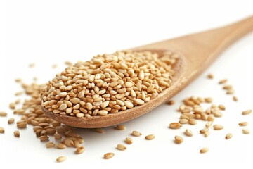 A wooden spoon filled with golden sesame seeds resting on a clean white surface isolated on transparent background