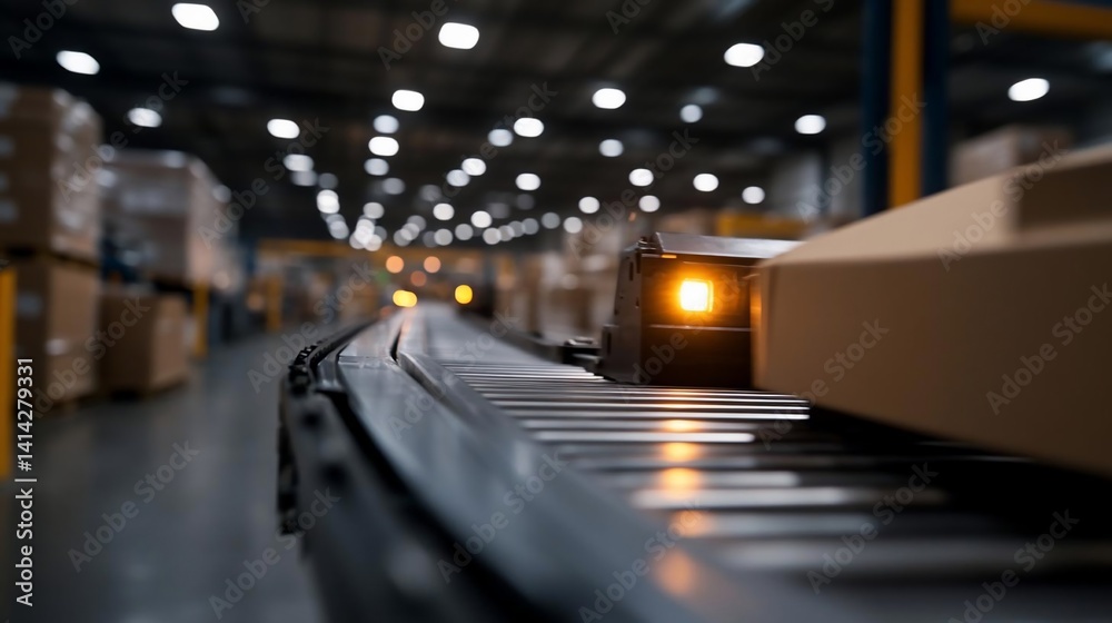 Aufkleber close-up view of a conveyor belt carrying cardboard boxes inside a large warehouse with soft focus l