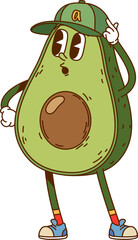 Cartoon groovy avocado vegetable character with funny face in sport cap, vector personage. Retro cartoon groovy avocado character in hipster hat with letter A and surprised face for vegetable emoji
