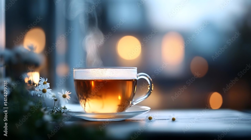 Poster a steaming cup of tea sits on a windowsill with blurred lights and a calm ambiance. chamomile flower